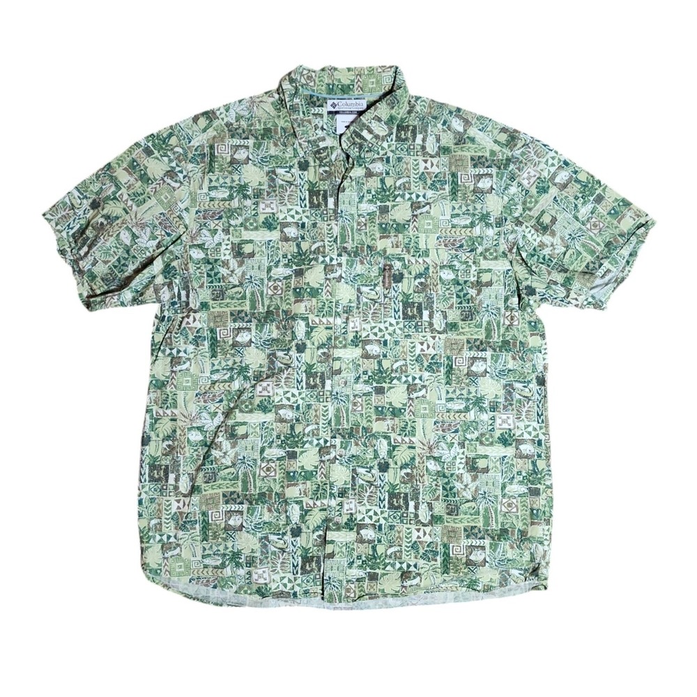 Columbia Green Floral Fish Hawaiian Button Down Short Sleeve Shirt‎ Mens Size L